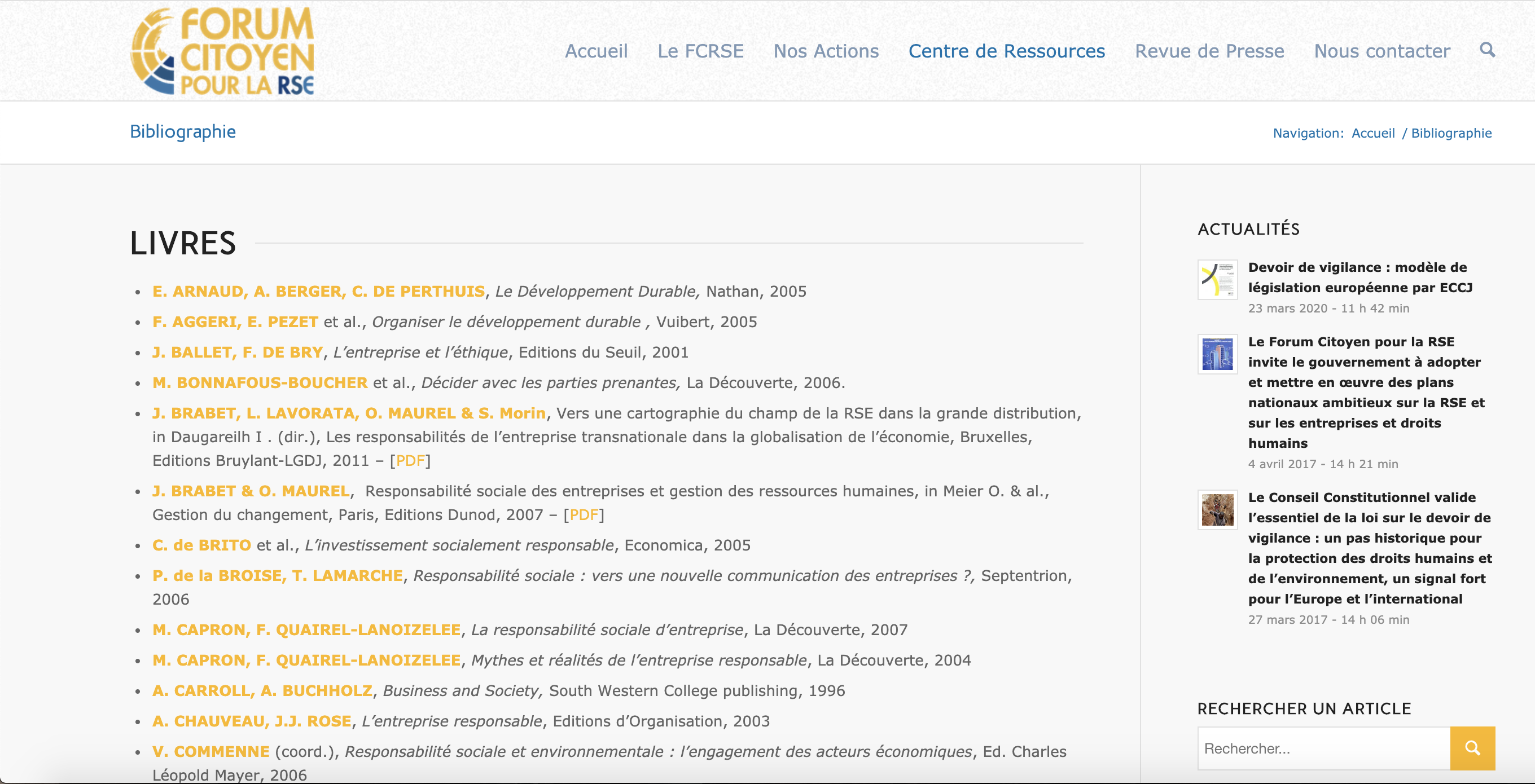 Capture d’écran - site internet du FCRSE